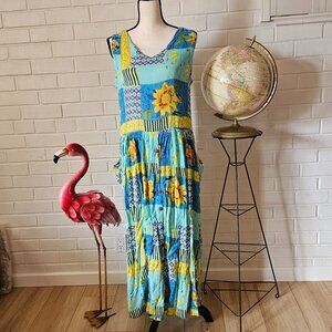 Bila Vintage 90s Sunflower Crinkle Rayon Dress M